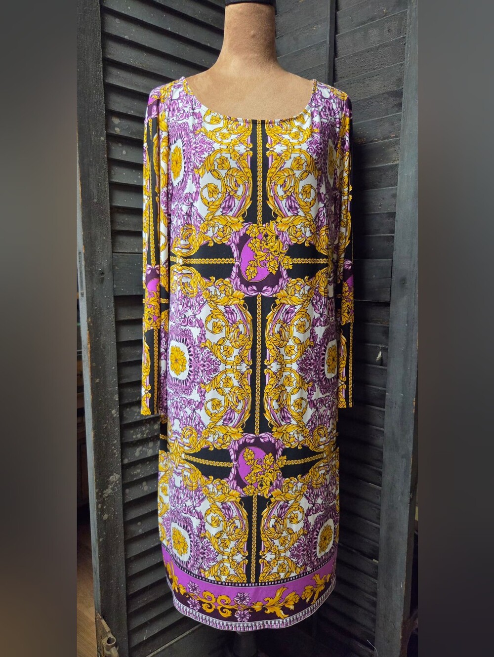 Laundry by Design Purple and Gold Baroque-Print Long Sleeve Dress